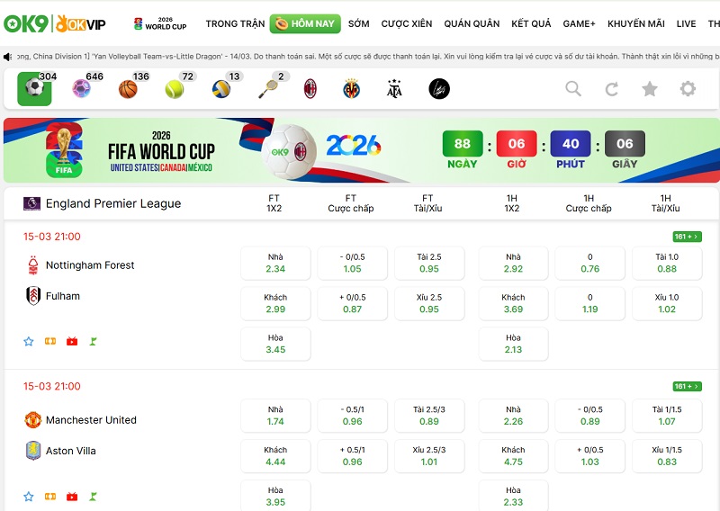 Bảng Tỷ Lệ Kèo Bóng Đá Ngoại Hạng Anh Hôm Nay Tại OK9